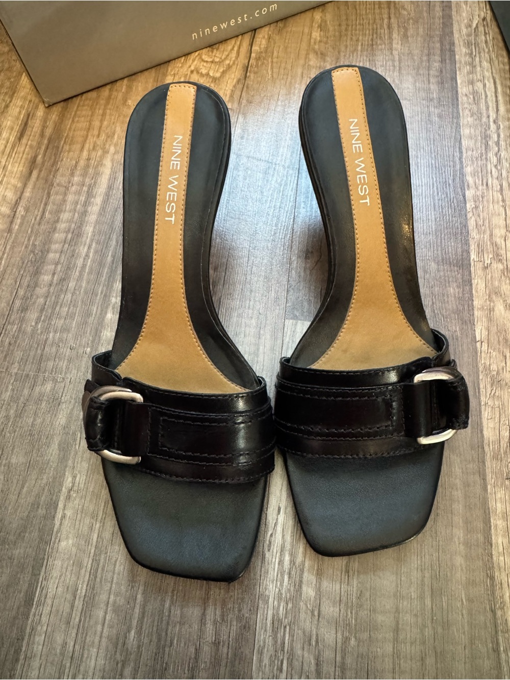 Nine West Black Slide Heels with Tan Insole and Silver Buckle